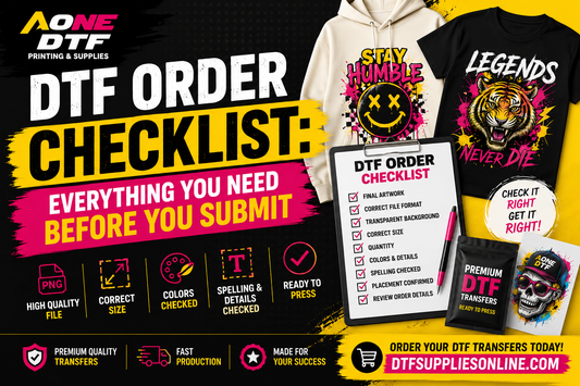 Use this DTF order checklist before submitting your transfer order. Check artwork, size, quantity, colors, gang sheets, personalization, and more.