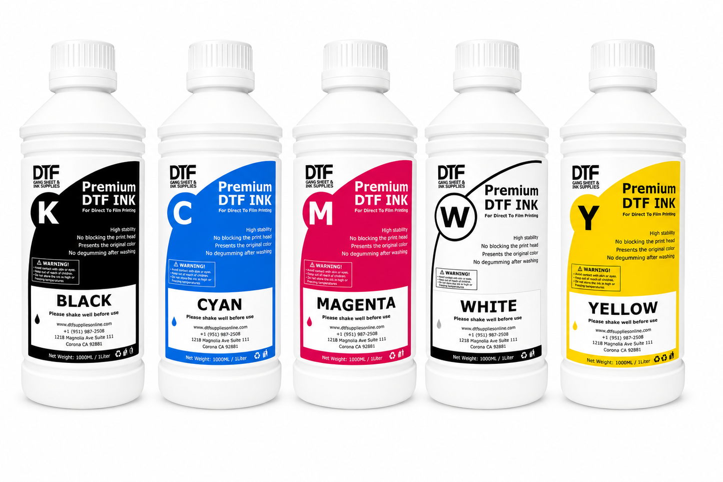 Five bottles of Premium DTF Ink in Black, Cyan, Magenta, White, and Yellow, each labeled for Direct To Film printing.