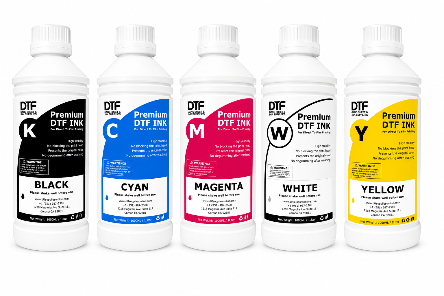 Five bottles of Premium DTF Ink in Black, Cyan, Magenta, White, and Yellow, each labeled for Direct To Film printing.